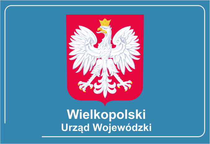 Godło Polski, biały orzeł, na czerwonym tle,, poniżej napis treści Wielkopolski Urząd Wojewódzki, biała ramka, granatowe tło